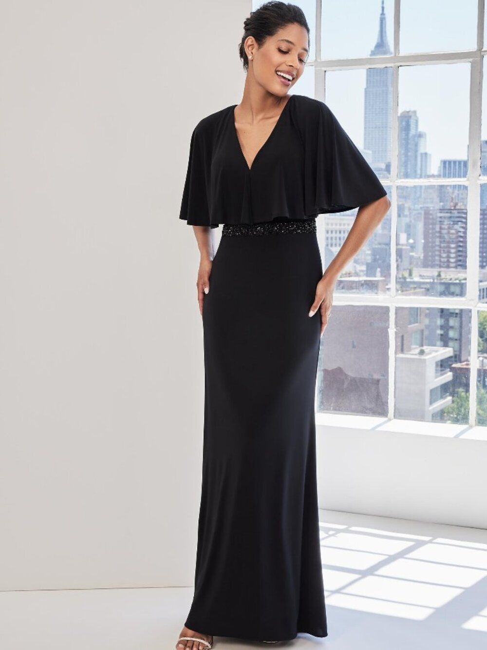 Black Jersey Caped sleeve Mother of the Bride Evening Gown MGNY 73124